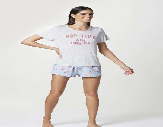 PIJAMA CURTO ESTAMPADO FEMININO HERING 7BYQ - Cinza