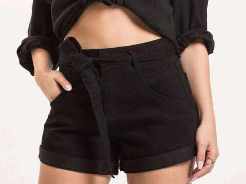 SHORTS MOM BLACK BARRA DOBRADA KALLY JEANS 3204 - Preto