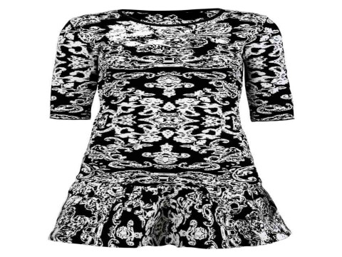 VESTIDO JACQUARD ARABESCO CURTO MEIA MANGA AVE RARA COM SAIA RODADA LISA - Preto